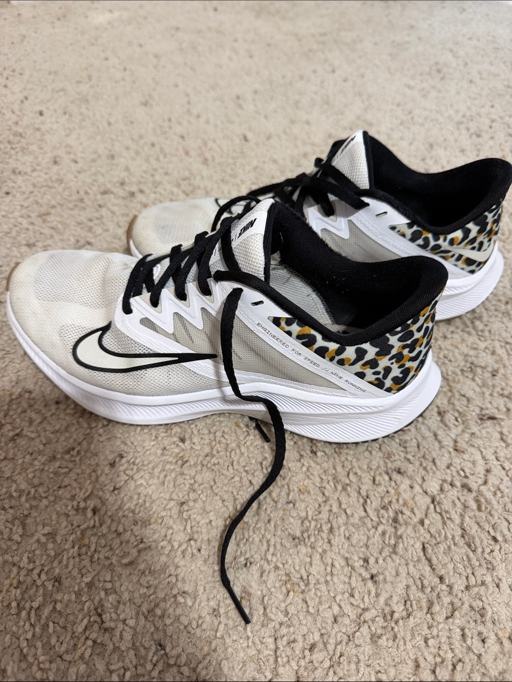 Nike White and Black Women's Sneakers with Leopard Heel Accent